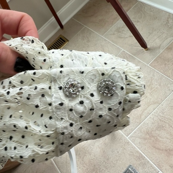 Vici White Lace Polka Dot Rhinestone Button Blouse Puff Sleeve Feminine Top M - Picture 9 of 14